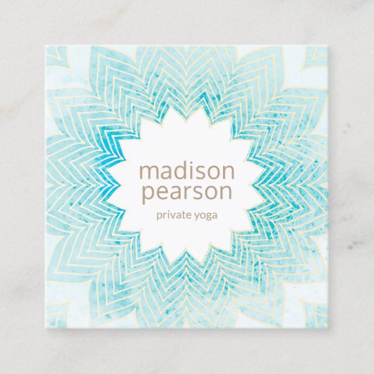 ターコイズ水彩ロータスマンダラフラワーヨガ スクエア名刺 (正面)