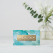 ターコイズ水彩及び金ゴールドフェイク箔 名刺 (スタンド正面)