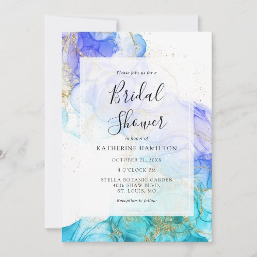 ターコイズ水彩及び金ゴールドブライダルシャワー 招待状 (正面)