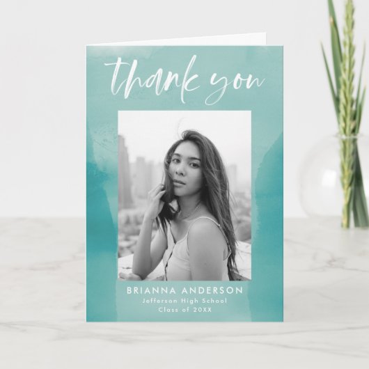 ターコイズ水彩水彩写真卒業 サンキューカード (正面)