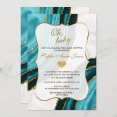 ターコイズ水彩瑪瑙金ゴールドベビーシャワー 招待状 (正面/裏面)