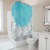 ターコイズ水彩白い花 シャワーカーテン (インサイチュ)