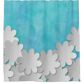 ターコイズ水彩白い花 シャワーカーテン (正面)