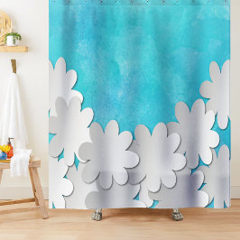 ターコイズ水彩白い花 シャワーカーテン