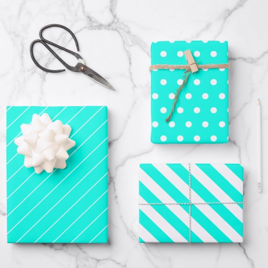 ターコイズ水玉模様とストライプ ラッピングペーパーシート (正面)