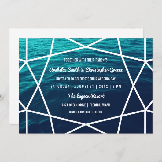 ターコイズ波幾何結婚式招待状 招待状 (正面/裏面)
