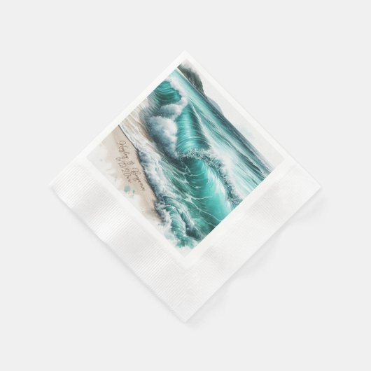 ターコイズ海パーソナライズされた波結婚の 縁ありカクテルナプキン (角)