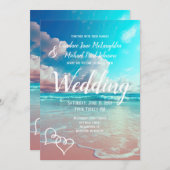 ターコイズ海ビーチ結婚ハートテンプレート 招待状 (正面/裏面)