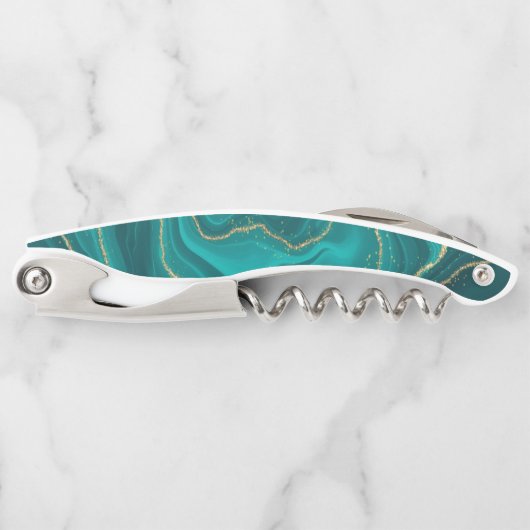 ターコイズ液体大理石の背景(金ゴールド) ソムリエナイフ (正面)