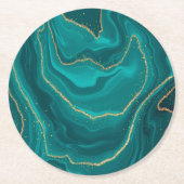 ターコイズ液体大理石の背景(金ゴールド) ラウンドペーパーコースター (正面)