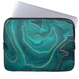 ターコイズ液体大理石の背景(金ゴールド) ラップトップスリーブ