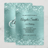 ターコイズ淡い色のグリッターフォイルファンシーモノグラム 招待状 (正面/裏面)
