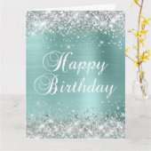 ターコイズ淡い色のシルバーグリッタービッグハッピーバースデー カード (黄色い花)