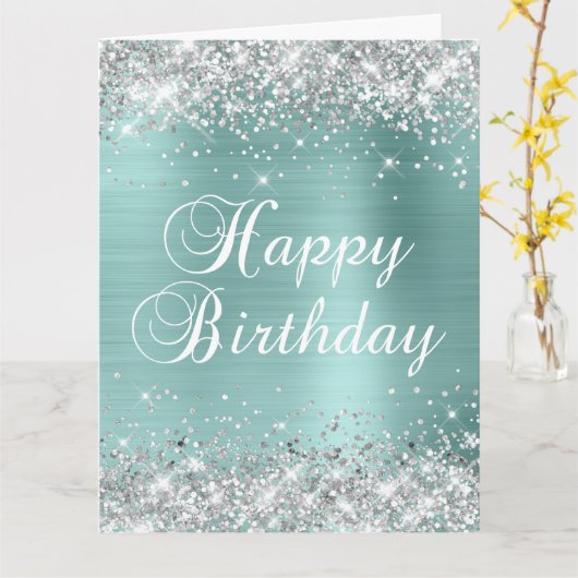ターコイズ淡い色のシルバーグリッタービッグハッピーバースデー カード (黄色い花)