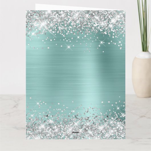 ターコイズ淡い色のシルバーグリッタービッグハッピーバースデー カード (裏面)
