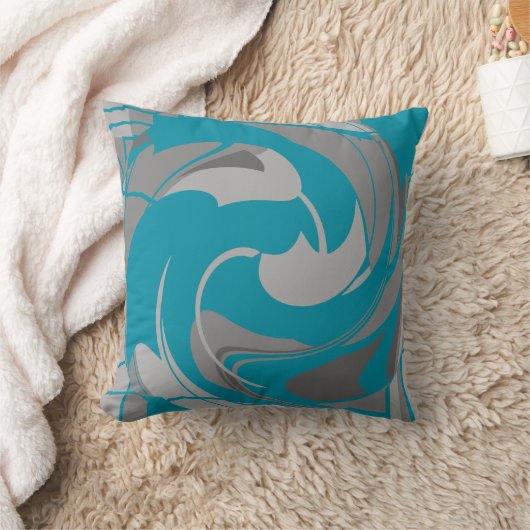 ターコイズ灰色の炭フローラ旋回抽象芸術 クッション (ブランケット)