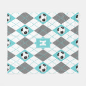 ターコイズ灰色の白いサッカーをテーマにしたパタアーガイルーン フリースブランケット (正面(横))