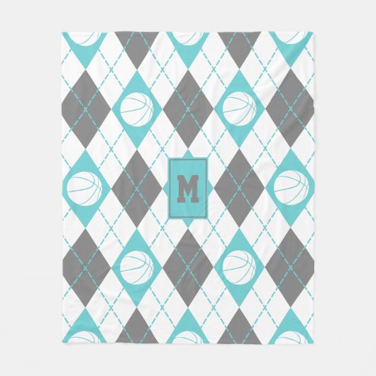 ターコイズ灰色の白いバスケットボールをテーマアーガイル フリースブランケット (正面)