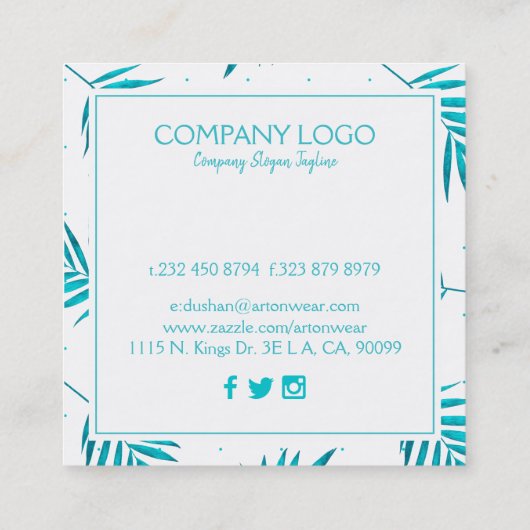 ターコイズ熱帯パーム葉パターン スクエア名刺 (裏面)