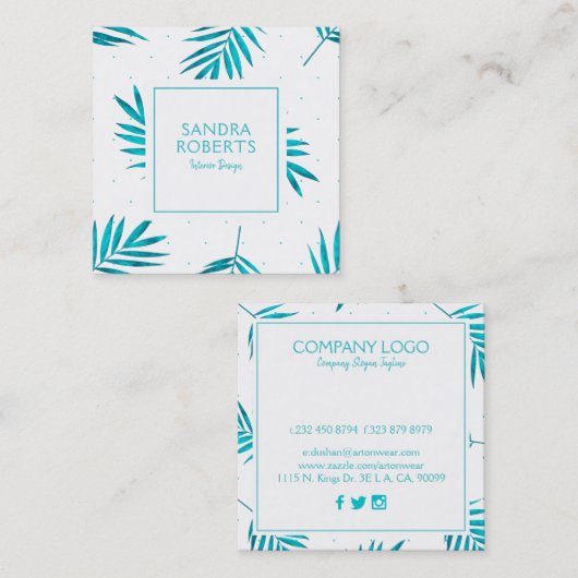 ターコイズ熱帯パーム葉パターン スクエア名刺 (正面/裏面)