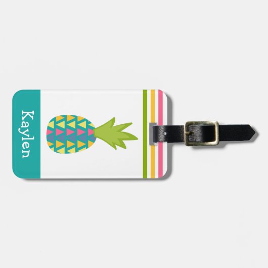 ターコイズ熱帯性パイナップルモダン名前をカスタムする ラゲッジタグ (正面横)