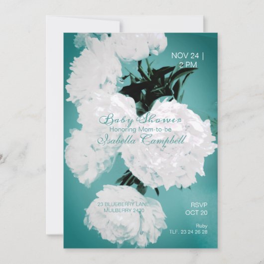 ターコイズ牡丹花エレガント赤ちゃんシャワー 招待状 (正面)