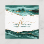 ターコイズ瑪瑙スクリプトモノグラム金ゴールドグリッター スクエア名刺 (正面)