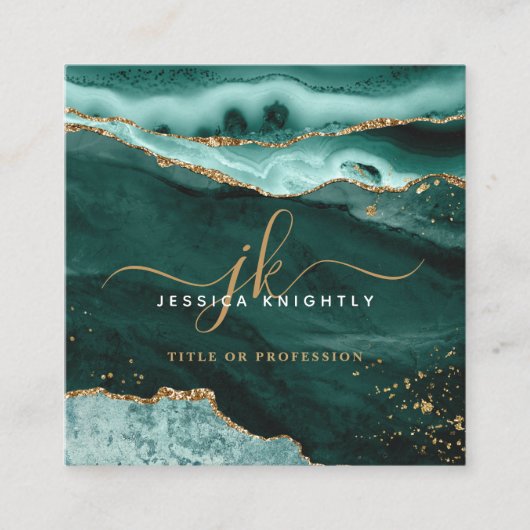ターコイズ瑪瑙金ゴールドグリッタースクリプトモノグラムQR スクエア名刺 (正面)