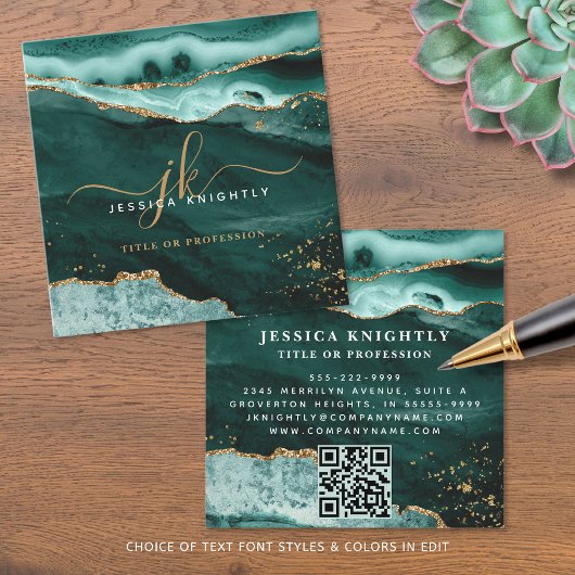 ターコイズ瑪瑙金ゴールドグリッタースクリプトモノグラムQR スクエア名刺