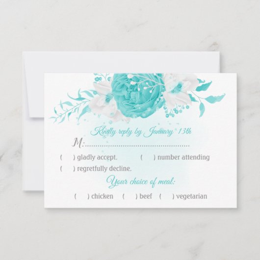 ターコイズ白い花の植物性と食事の選択 出欠カード (正面)