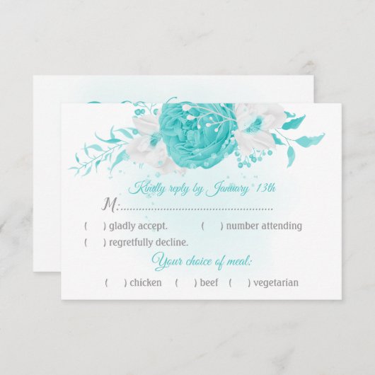 ターコイズ白い花の植物性と食事の選択 出欠カード (正面/裏面)