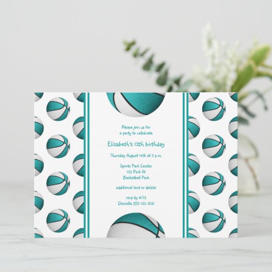ターコイズ白バスケットボール誕生日_チームパーティー 招待状 (スタンド正面)