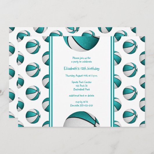 ターコイズ白バスケットボール誕生日_チームパーティー 招待状 (正面/裏面)