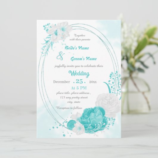 ターコイズ白フローラ幾何結婚型 招待状 (スタンド正面)