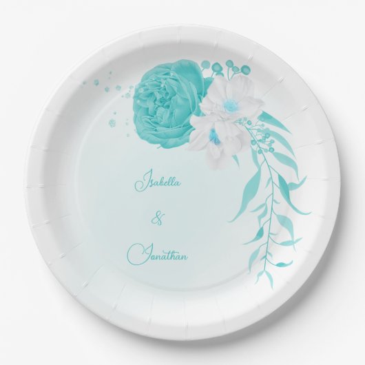 ターコイズ白フローラ結婚ズ ペーパープレート (正面)