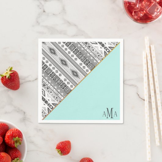 ターコイズ白黒アステカトバルモノグラム スタンダードカクテルナプキン (インサイチュ)