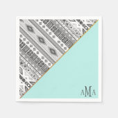 ターコイズ白黒アステカトバルモノグラム スタンダードカクテルナプキン (正面)