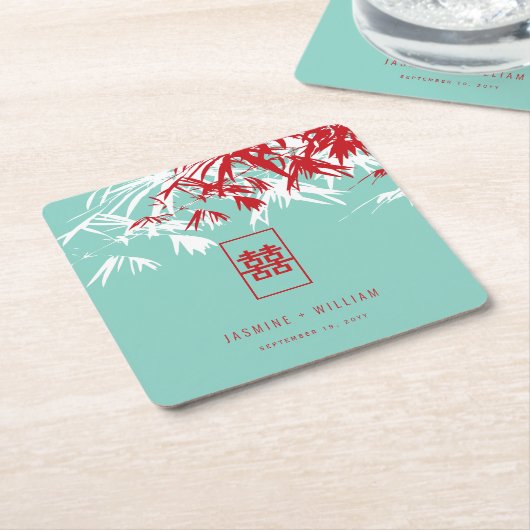 ターコイズ竹葉のダブル中国のシ結婚ス スクエアペーパーコースター (アングル)