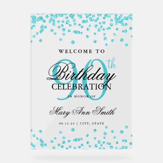 ターコイズ紙吹雪グリッター90th誕生日へようこそ アクリルサイン (正面)