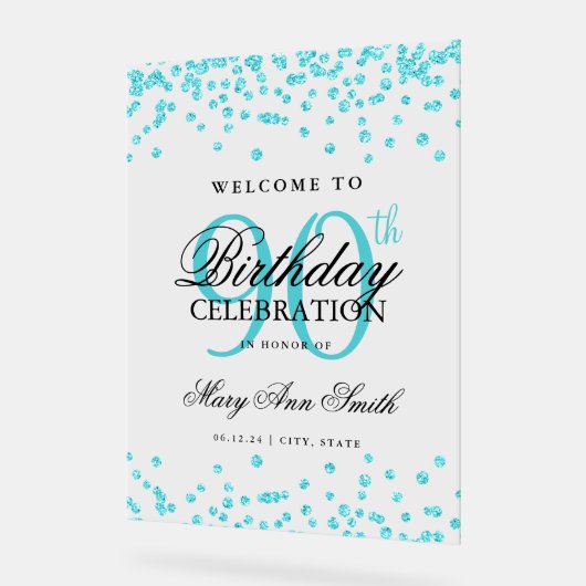 ターコイズ紙吹雪グリッター90th誕生日へようこそ アクリルサイン (傾斜)