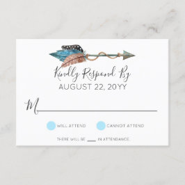 ターコイズ素朴ウッドフェザーアローウェディングRSVP 出欠カード