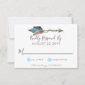 ターコイズ素朴ウッドフェザーアローウェディングRSVP 出欠カード (正面)