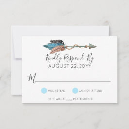 ターコイズ素朴ウッドフェザーアローウェディングRSVP 出欠カード