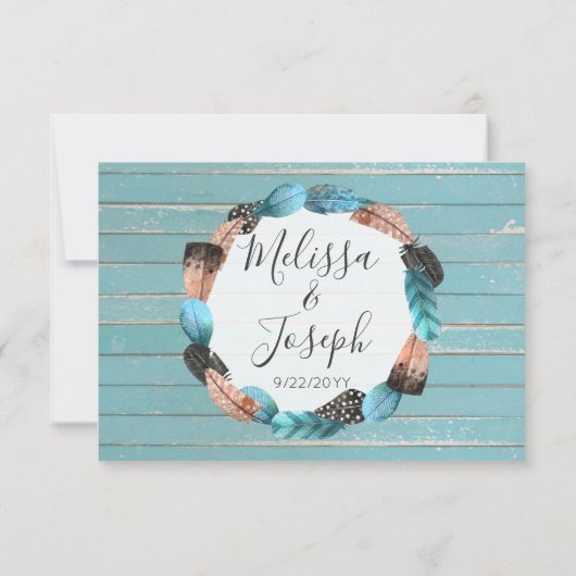 ターコイズ素朴ウッドフェザーアローウェディングRSVP 出欠カード (裏面)