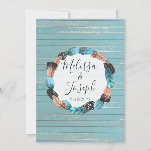 ターコイズ素朴ウッドフェザー結婚式招待状 招待状 (裏面)