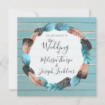 ターコイズ素朴ウッドフェザー結婚式招待状