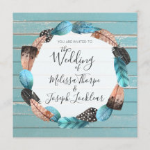 ターコイズ素朴ウッドフェザー結婚式招待状
