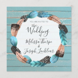ターコイズ素朴ウッドフェザー結婚式招待状 招待状