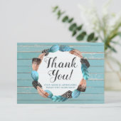 ターコイズ素朴ウッド羽毛矢印サンキューカード 招待状 (スタンド正面)