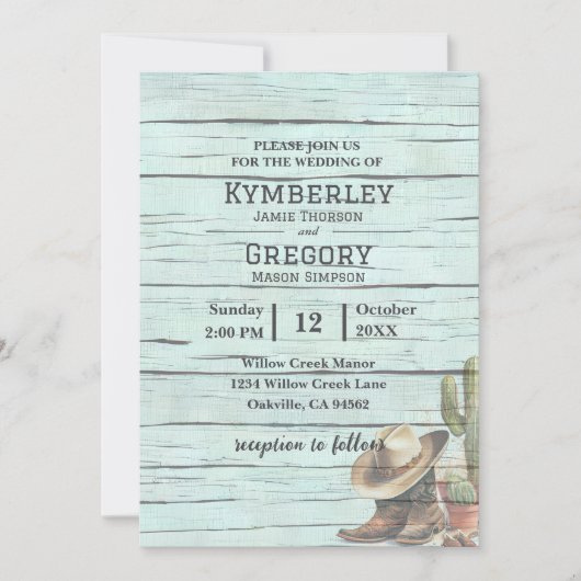 ターコイズ素朴カントリーウエスタンブーツハット 招待状 (正面)